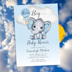 Elephant Hot Air Balloon It's a Boy Baby Shower Invitation