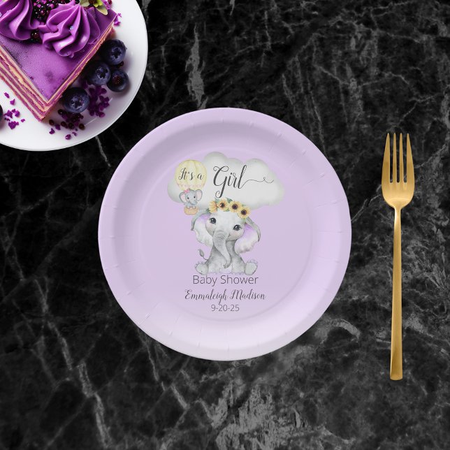 Elephant Hot Air Balloon Purple Baby Shower  Paper Plate (Creator Uploaded)