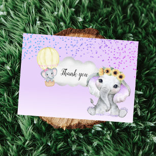 Elephant Hot Air Balloon Purple Baby Shower Thank You Card