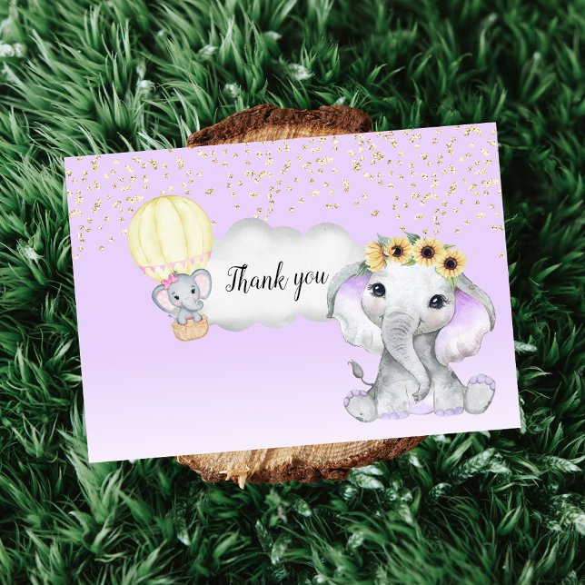 Elephant Hot Air Balloon Purple Baby Shower Thank You Card (Creator Uploaded)