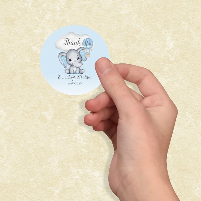 Elephant Hot Air Balloon Thank You Favour | Boy Classic Round Sticker (Creator Uploaded)