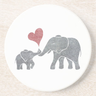 Elephant Hugs Grey Mum and Baby with Red Heart Coaster