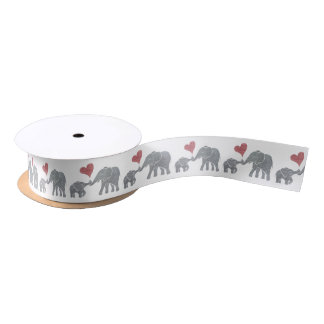 Elephant Hugs Grey Mum and Baby with Red Heart Satin Ribbon