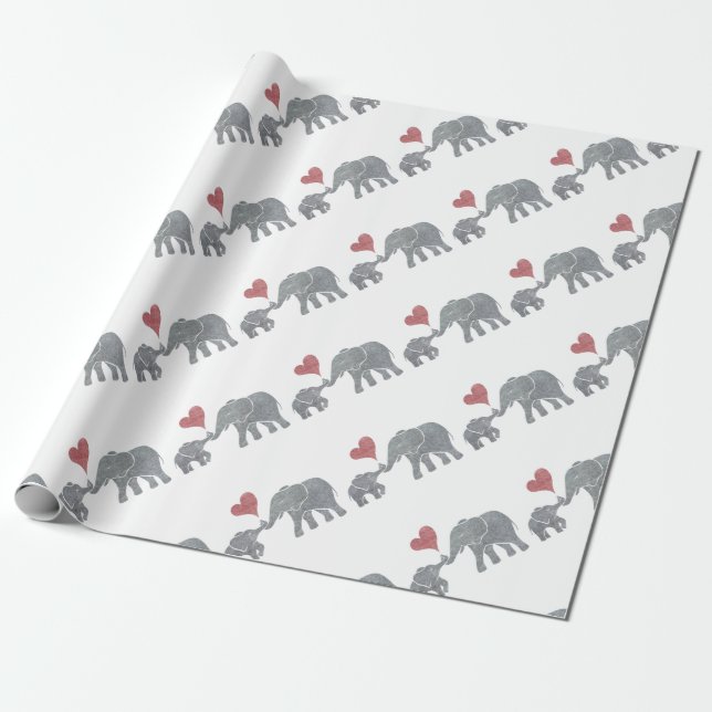 Elephant Hugs Grey Mum and Baby with Red Heart Wrapping Paper (Unrolled)