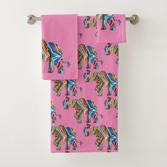 Elephant in a Psychedelic Zebra Pattern Bath Towel Set (Insitu)