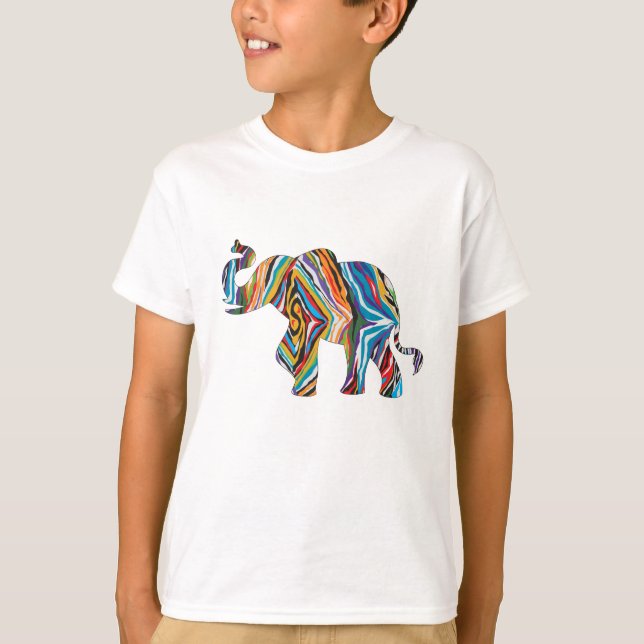 Elephant in a Psychedelic Zebra Pattern T-Shirt (Front)