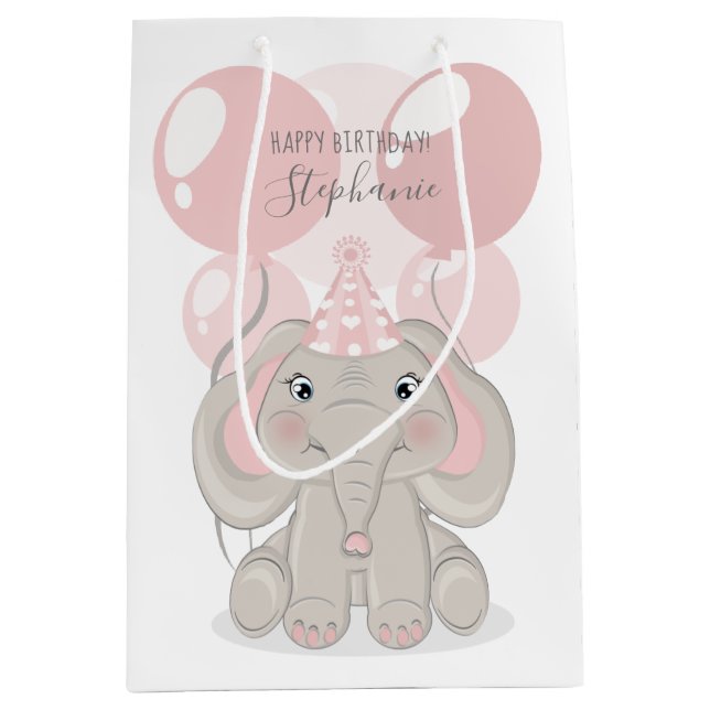 Elephant in Birthday Party Hat Medium Gift Bag (Front)