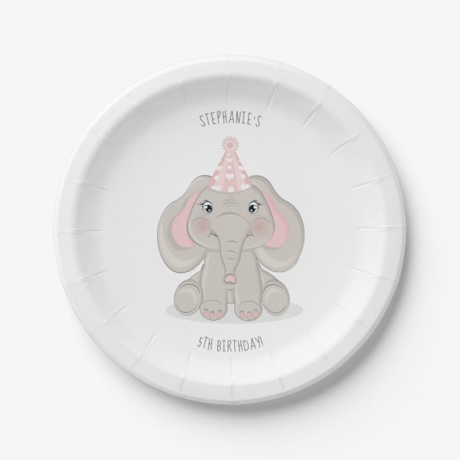 Elephant in Birthday Party Hat Paper Plate (Front)