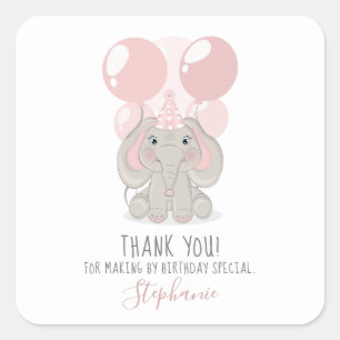 Elephant in Birthday Party Hat Square Sticker