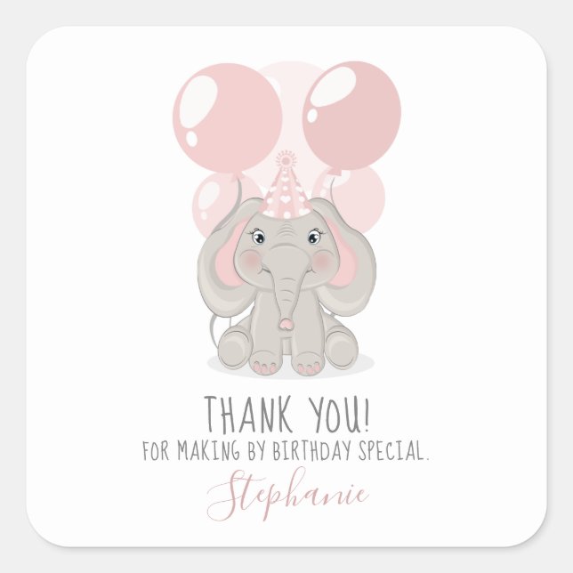 Elephant in Birthday Party Hat Square Sticker (Front)