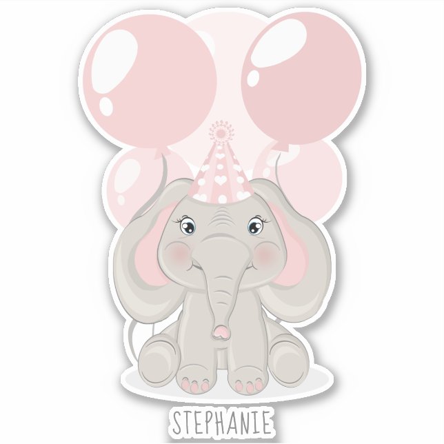Elephant in Birthday Party Hat Sticker (Front)