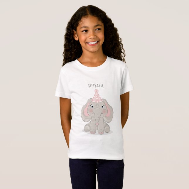 Elephant in Birthday Party Hat T-Shirt (Front Full)