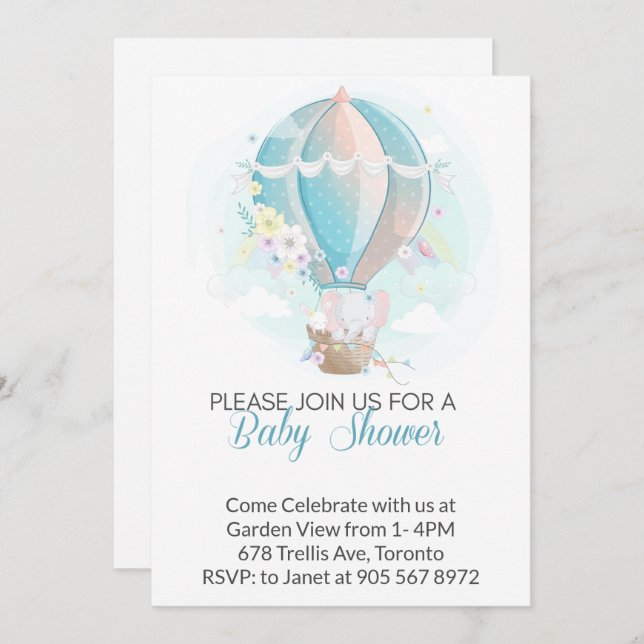 Elephant in Hot Air Balloon Baby Shower Invitation (Front/Back)