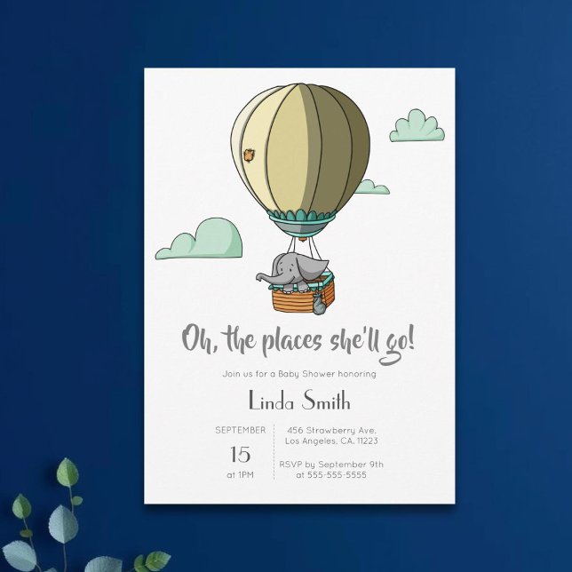 Elephant in Hot Air Balloon Neutral Baby Shower Invitation (Creator Uploaded)