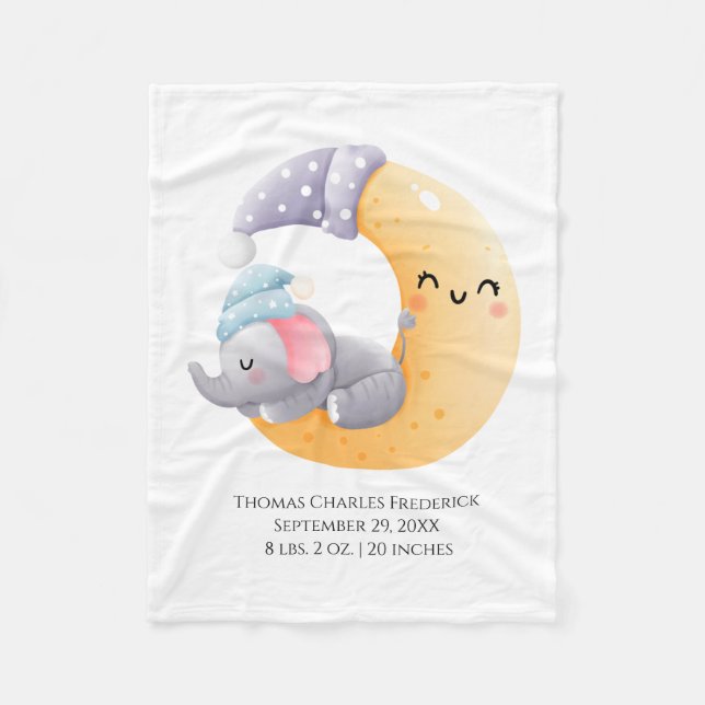 Elephant in Moon Personalised Birth Stats Baby Fleece Blanket (Front)