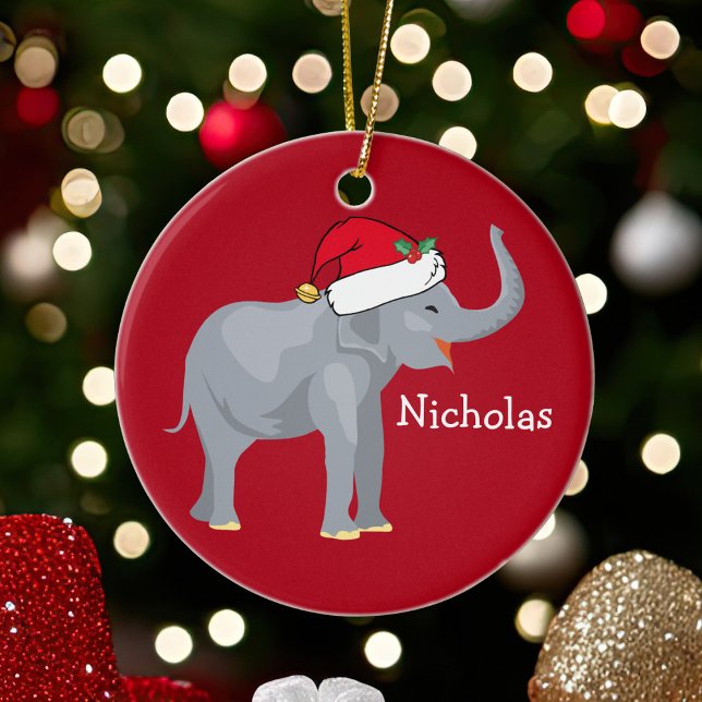 Elephant in Santa Hat Cute Custom Kids Christmas Ceramic Tree Decoration (Creator Uploaded)