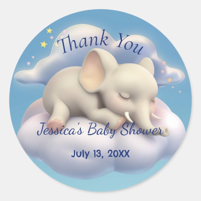 Elephant In The Clouds Baby Shower Classic Round Sticker (Front)