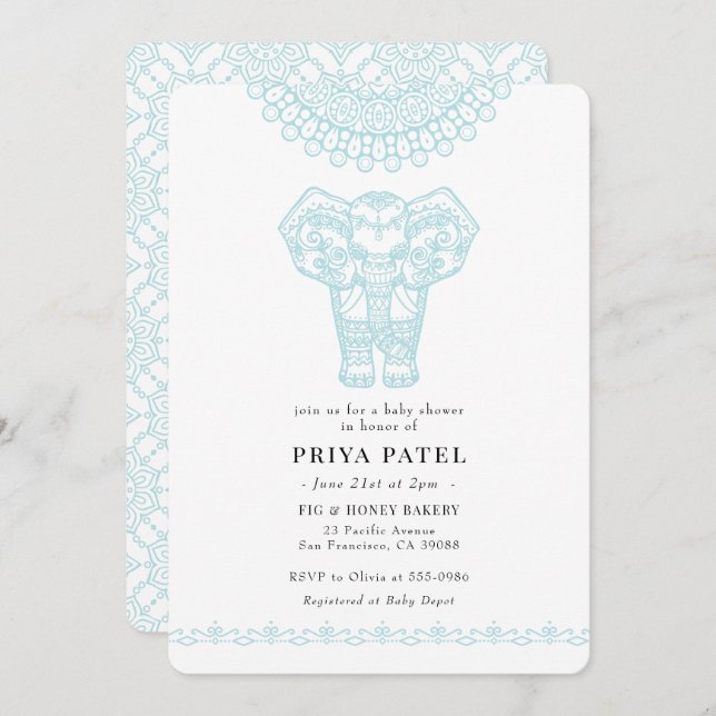Elephant Indian Blue Baby Shower Invitation (Front/Back)
