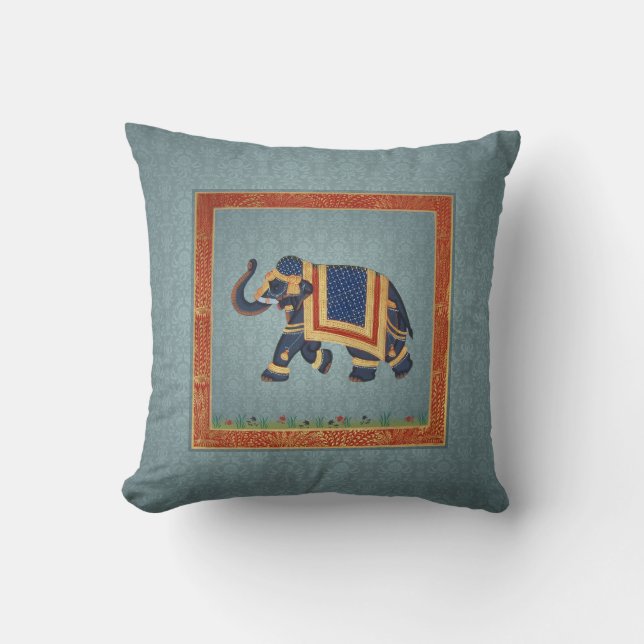 Elephant indian blue grey red gold print Pillow (Front)