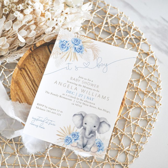 Elephant It's a Boy Safari Boho Floral Baby Shower Invitation (Creator Uploaded)