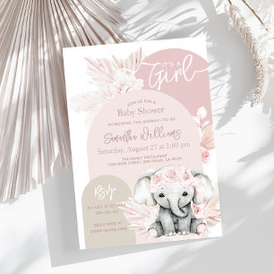 Elephant It's a Girl Boho Floral Pink Baby Shower Invitation