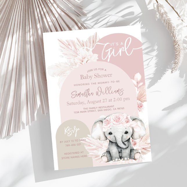 Elephant It's a Girl Boho Floral Pink Baby Shower Invitation (Creator Uploaded)