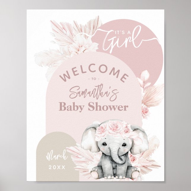 Elephant it's a girl Boho Floral Pink Baby Shower Poster (Front)