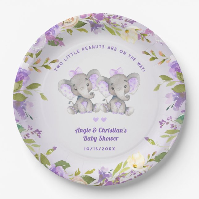 Elephant It's Twin Girls Baby Shower Sprinkle Cute Paper Plate (Front)