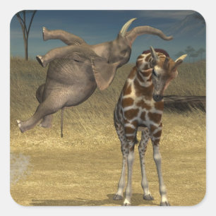 Elephant Jumps Over Giraffe Square Sticker