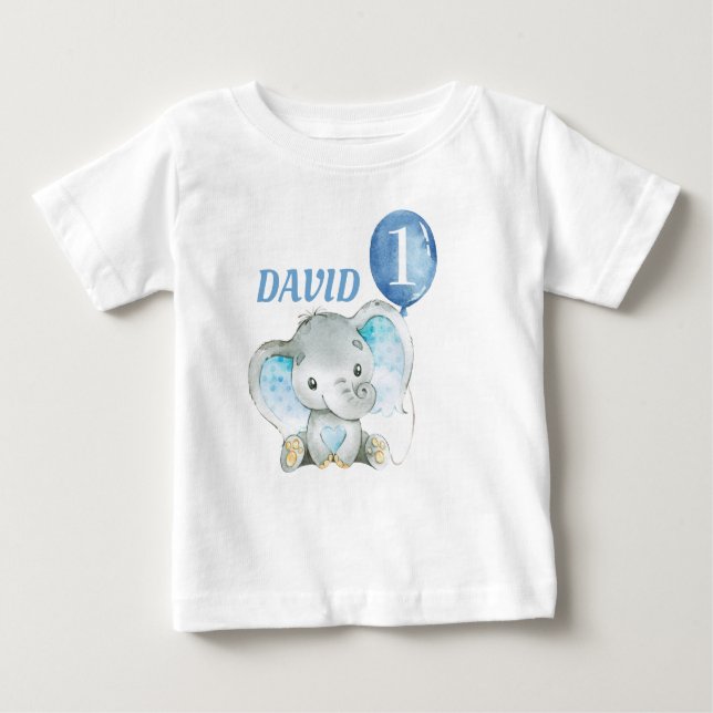 Elephant Jungle Blue Baby Boy Birthday T-Shirt (Front)