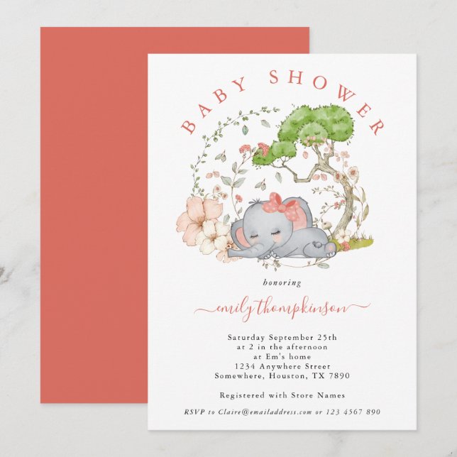 Elephant Jungle Foliage Coral Girl Baby Shower Inv Invitation (Front/Back)