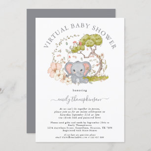 Elephant Jungle Foliage Grey Virtual Baby Shower Invitation
