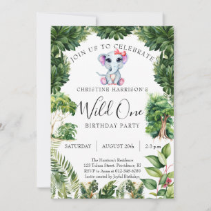 Elephant Jungle Wild One Girl 1st Birthday Invitation
