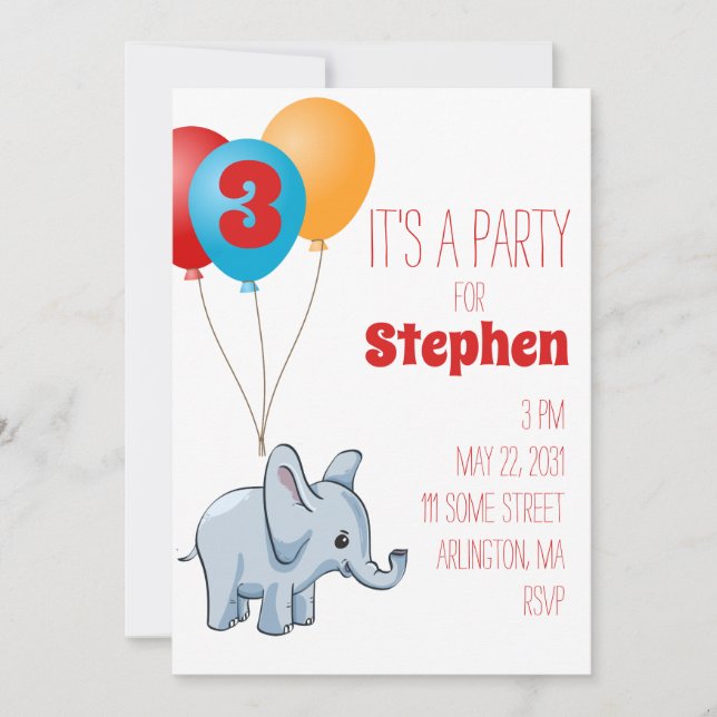 Elephant Kids Birthday Party Invitation (Front)