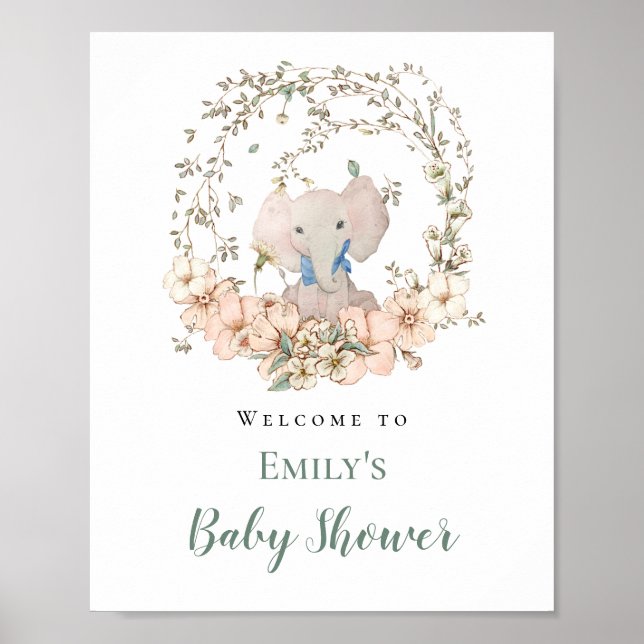 Elephant Leaf Frame Welcome Boy Baby Shower Poster (Front)