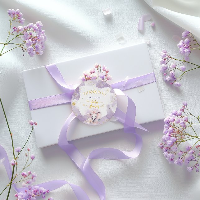 Elephant Lilac Floral Cute Thank You Baby Shower Classic Round Sticker (Creator Uploaded)