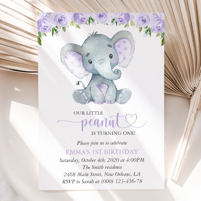 Elephant, Lilac Watercolor Flowers, First Birthday Invitation (Creator Uploaded)