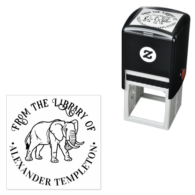 Elephant Line Art #2 Round Library Book Name Self-inking Stamp (In Situ)