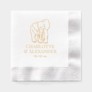 Elephant Line Art Wedding Couple Names Date Foil Napkins