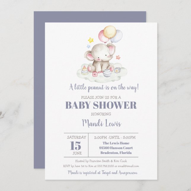 Elephant Little Peanut Boy Baby Shower Invitation (Front/Back)