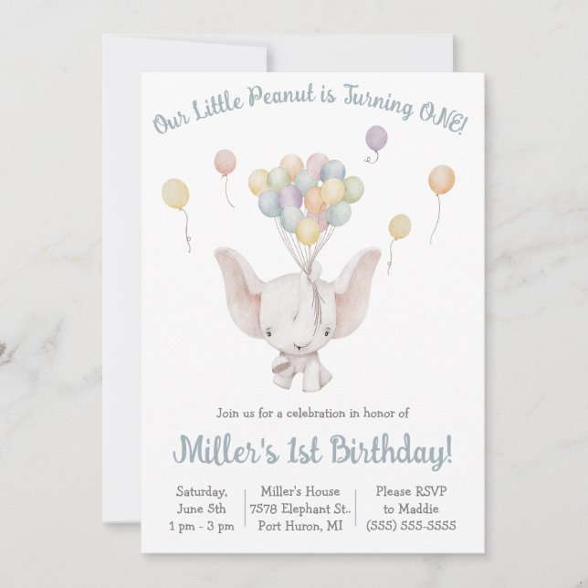 Elephant, Little Peanut, Themed Birthday Party Invitation (Front)
