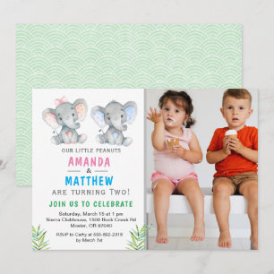 Elephant Little Peanut Twin Boy Girl Birthday Invitation