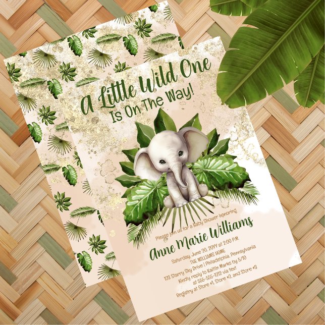 Elephant Little Wild One Is On The Way Baby Shower Invitation (Tropical Safari Cute Elephant "A Little Wild One Is On The Way" Baby Shower Invitation )