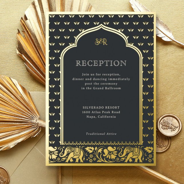 Elephant & Lotus Flower Indian Wedding Reception (Black Indian wedding invitation with elephant and lotus flower motif, hindu wedding invitation card)