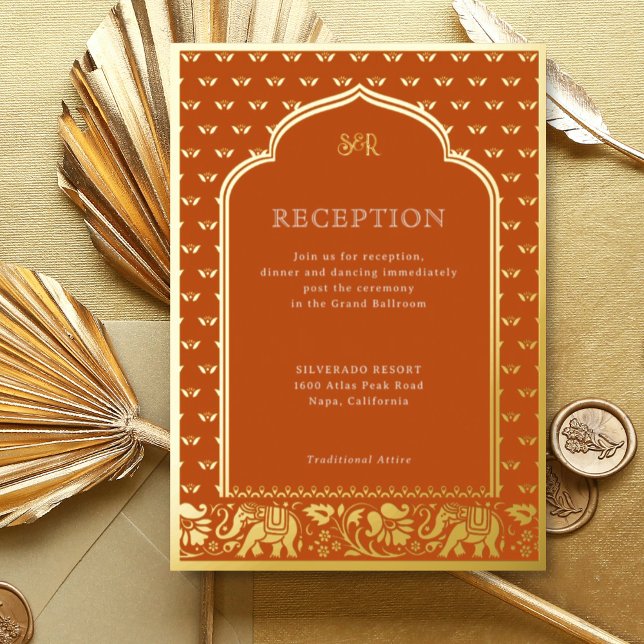 Elephant & Lotus Flower Indian Wedding Reception (Orange Indian wedding invitation with elephant and lotus flower motif, hindu wedding invitation card)