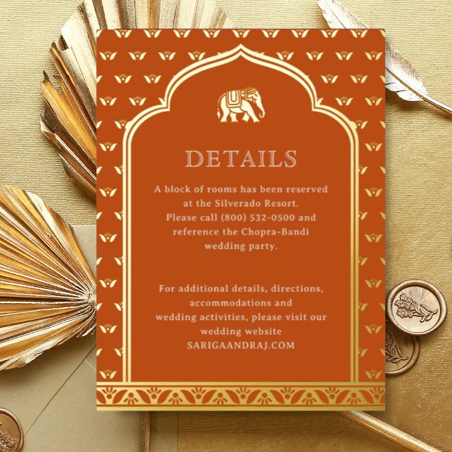 Elephant & Lotus Wedding Details Information Card (Orange Indian wedding invitation hotel information details enclosure card Lotus flower hindu wedding)