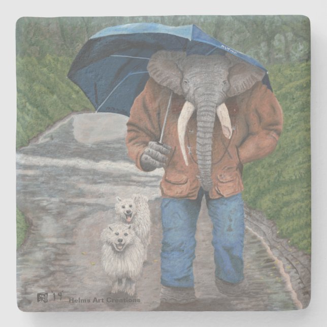 Elephant Man Dog Walking Fantasy Art Stone Coaster (Front)