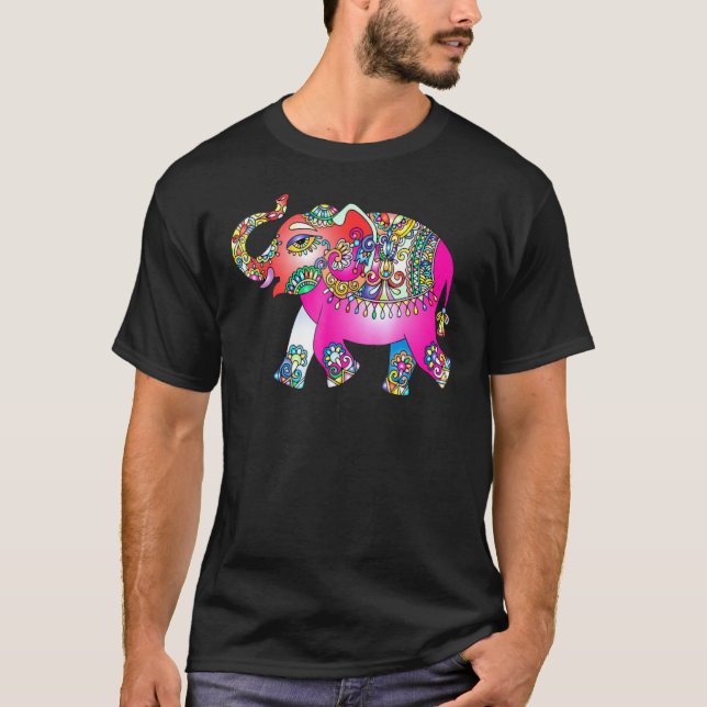Elephant Mandala - Colourful Rainbow Psychedelic T-Shirt (Front)