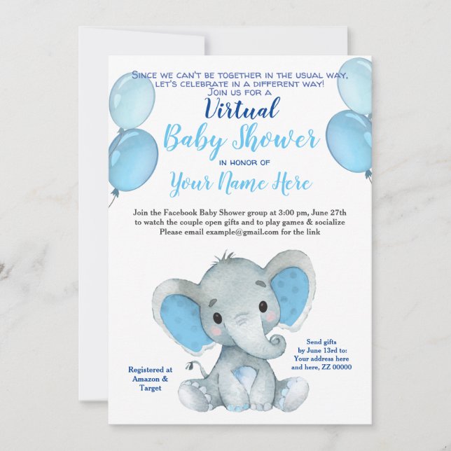 Elephant Mask Virtual Shower Baby Boy Invitation (Front)
