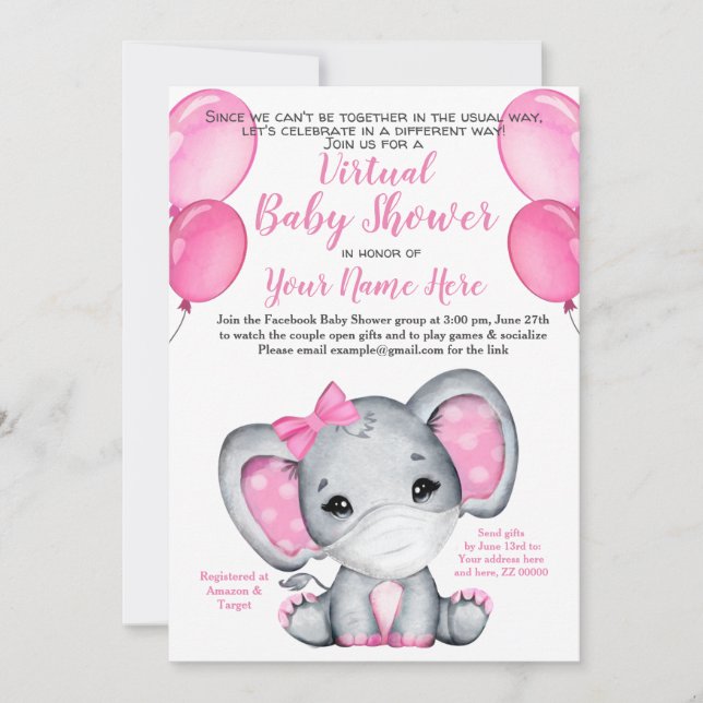 Elephant Mask Virtual Shower Baby Girl Invitation (Front)
